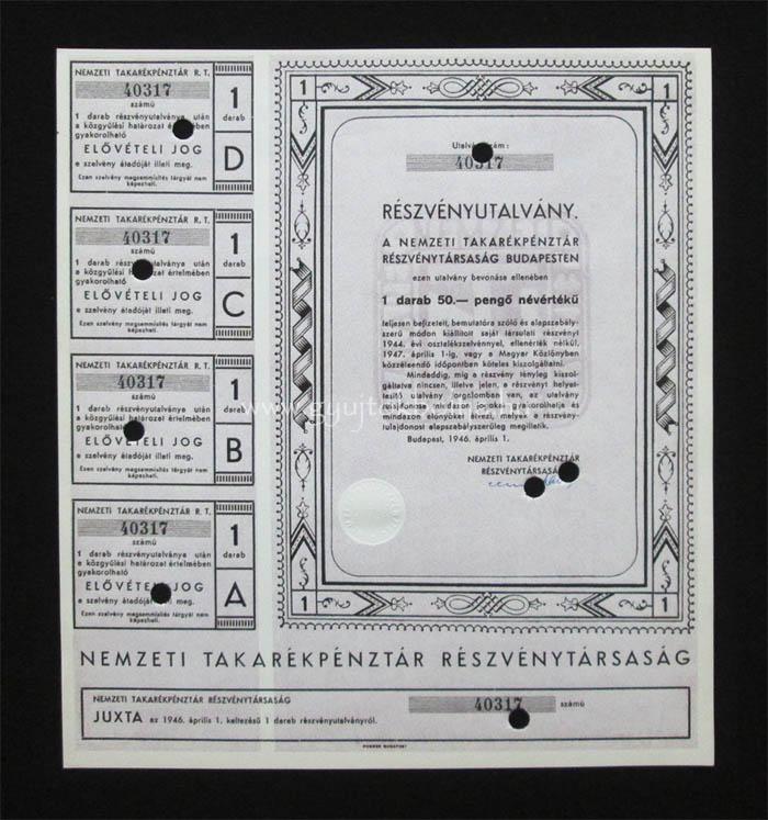 Nemzeti Takarékpénztár részvényutalvány 50 pengõ 1946